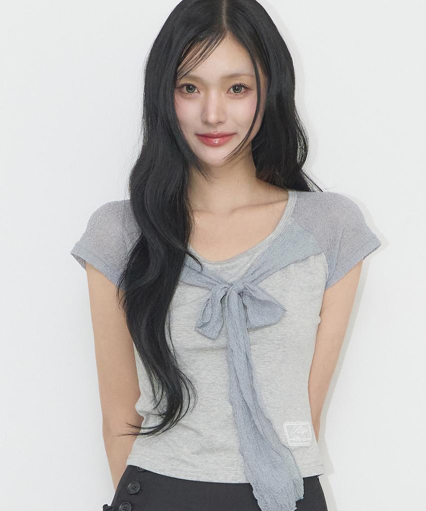 ILLIGO Lace Ribbon Contrast T-Shirt Melange