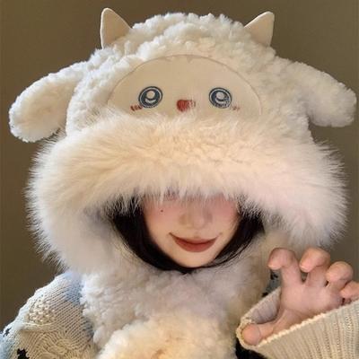 Cute Little Sheep Plush Hat Women's Winter New Cold-proof and Warm Hat Scarf Integrated Thickened Ear Protector