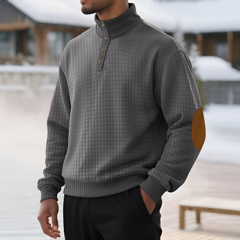 Men's Jacquard Stand Collar Small Checkered Sweatshirt Knitted Pullover Casual Henley Sweatshirt