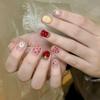 24PCS Cute Cartoon Strawberry Cherry Short Square False Nails Red Polka Dot Fruit Press On Nails Yellow Plaid Acrylic Fake Nails