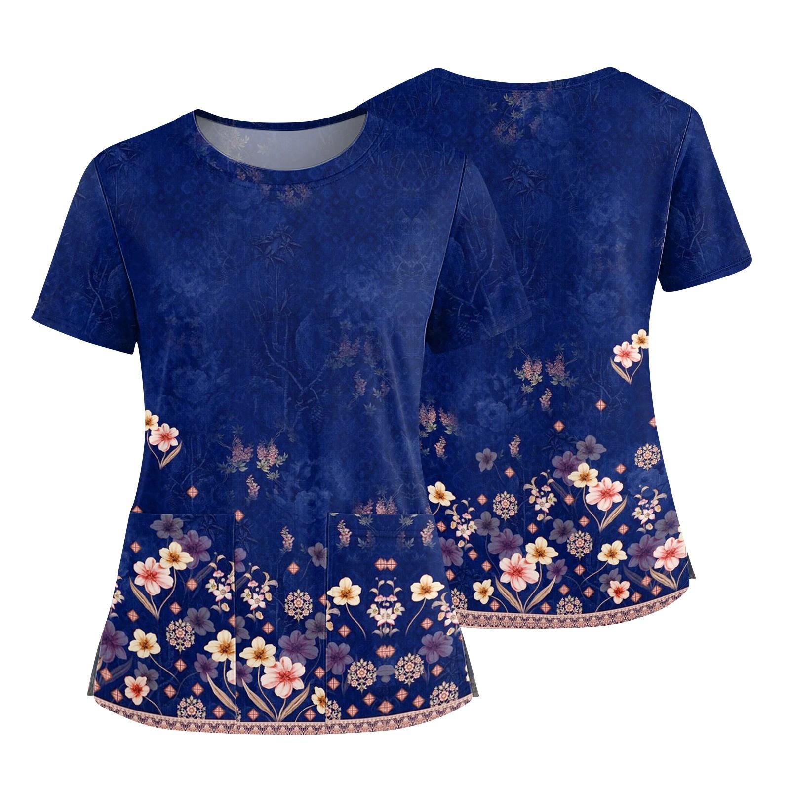 

Женская модная футболка с принтом, круглым вырезом, карманом, короткими рукавами и разрезом по низу, униформа и рабочая блузка XXXXXL