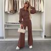 women's Solid Color Collared Long Sleeve Blouse High Waist Wide Leg Flare Pants 2 Piece Casual Tracksuit Set