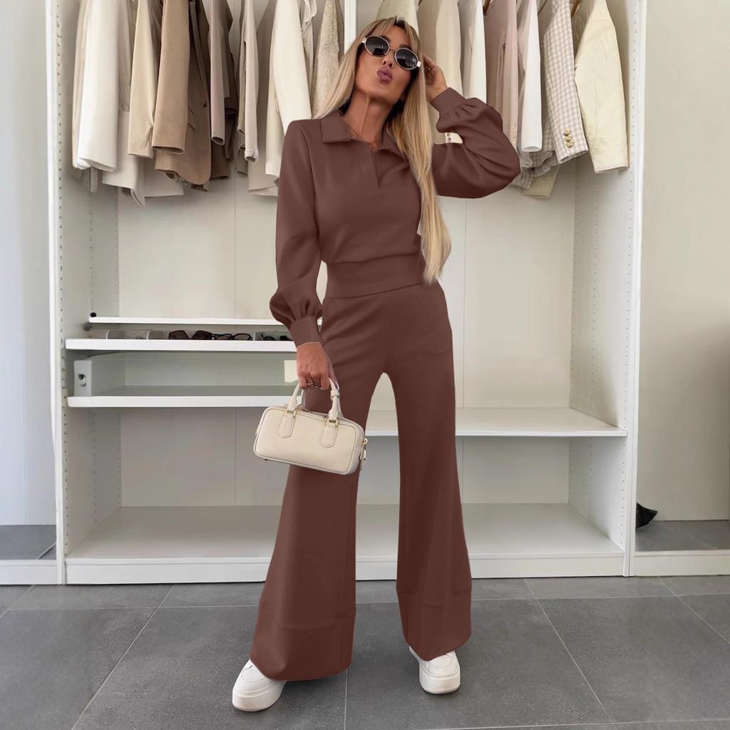 women's Solid Color Collared Long Sleeve Blouse High Waist Wide Leg Flare Pants 2 Piece Casual Tracksuit Set