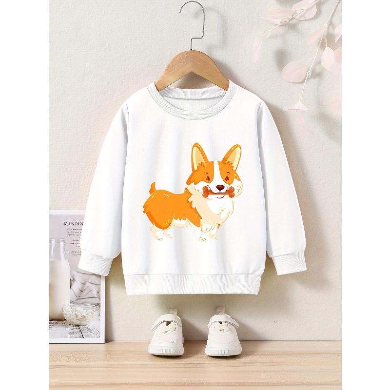 Kids Cartoon Corgi Print Crew Neck Sweatshirt - Regular Fit, Slight Stretch Fabric, Applique Detail, Ideal for Spring/Fall