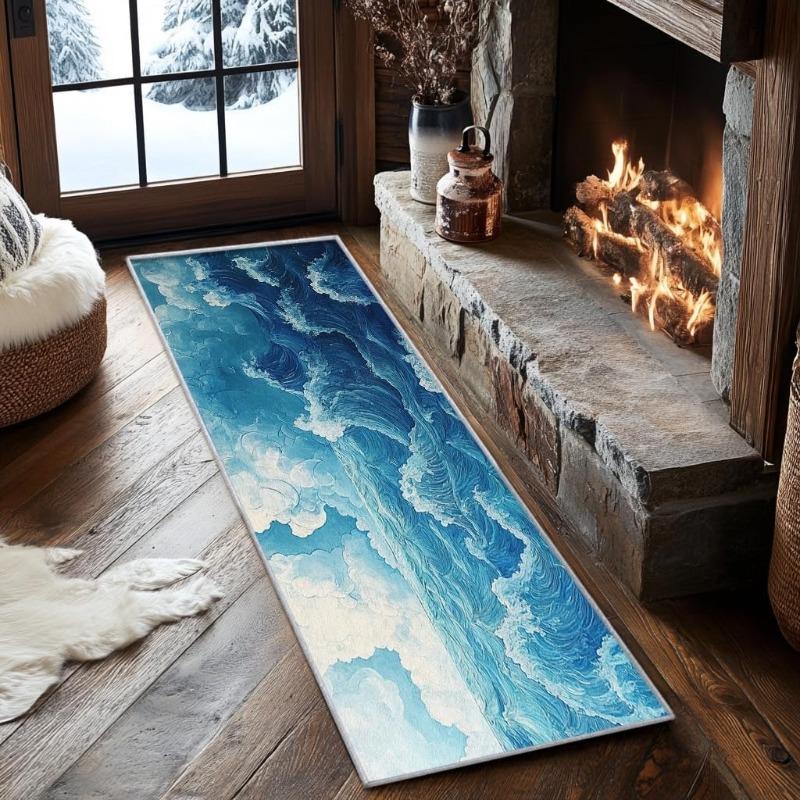 3D Ozeanwirbel Meereswelle Läuferteppich Naturstil Dekor Indoor Langer Flur Teppich Rutschfest Wohnzimmer Schlafzimmer Heimdeko Matte