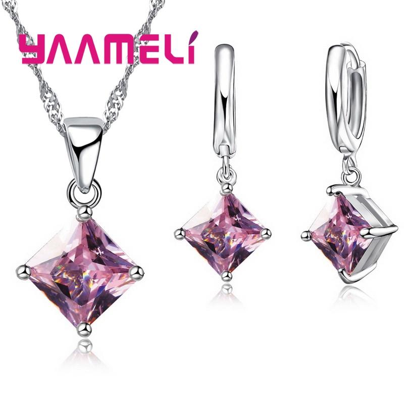 New Fashion Women Pendants Necklace Simple Geometry Square Earrings Crystal 925 Silver Color Jewelry Sets for Wedding