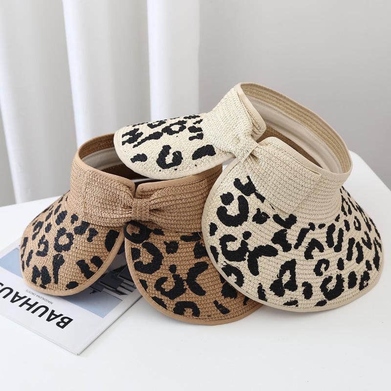 Spring and Summer Fashion Female Leopard Print Empty Top Straw Hat Sunscreen Sun Hat Paper Woven Grass Bow Large Edge Adjustable Sun Hat