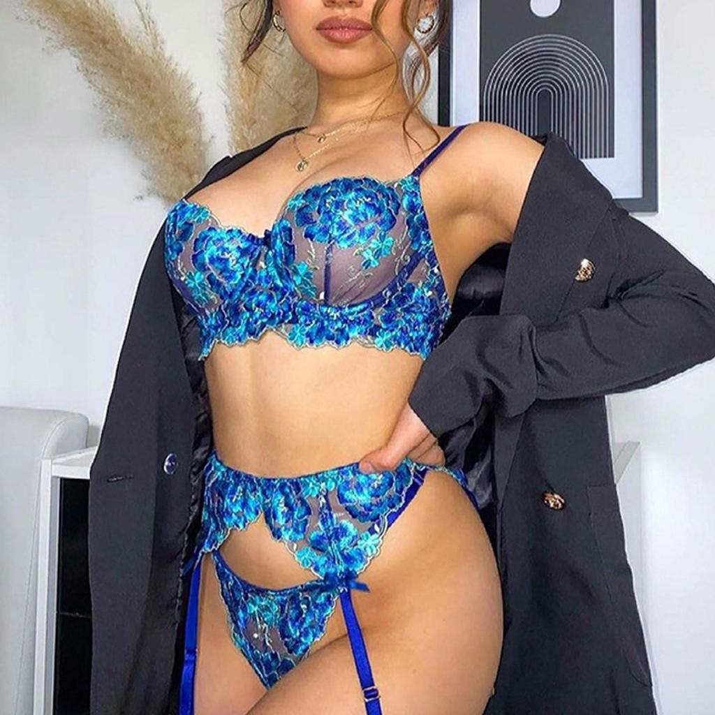 Roupa Íntima Sexy Feminina Azul Bordada com Flores de Renda Conjunto Sexy de Três Peças