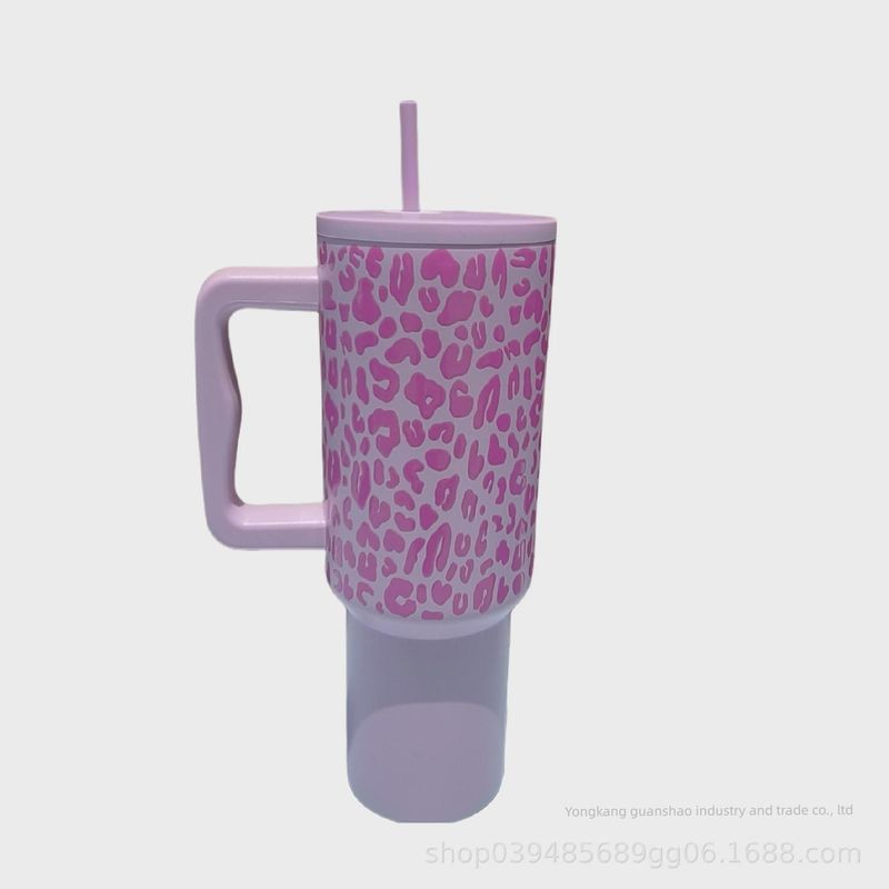 Cross-Border 304 Stainless Steel Leopard Print 40-Ounce Ice Cup with Handle and Straw, High-Quality Car-Mounted Large-Capacity Thermos Cup