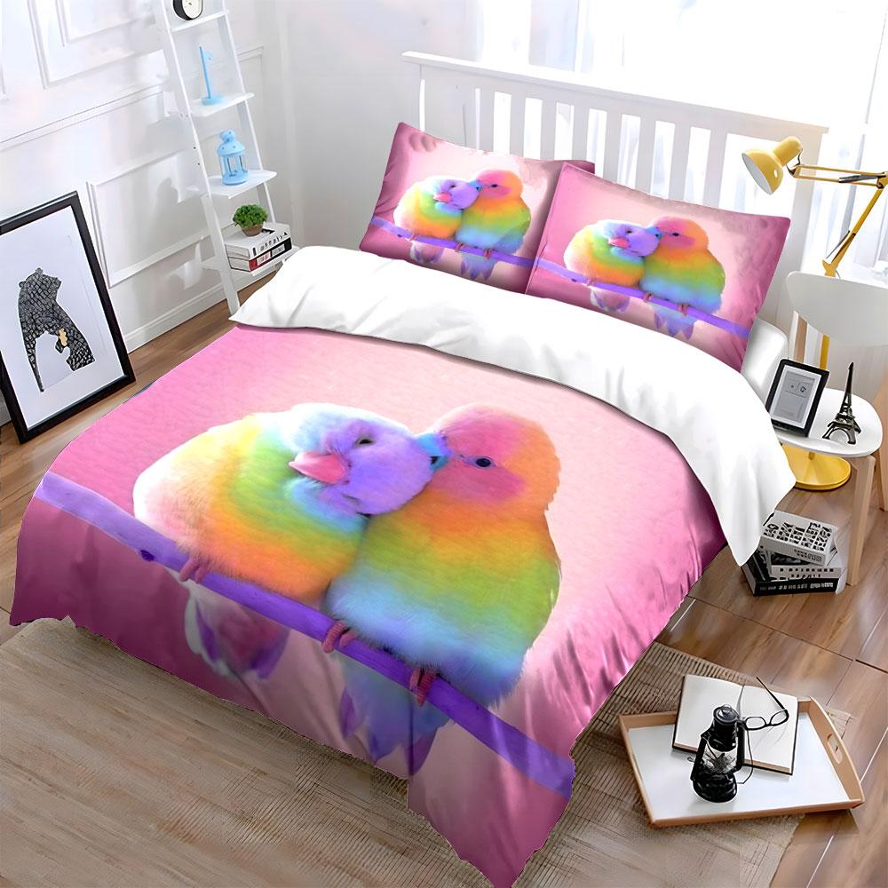 Rainbow Parrots Cuddling Warmly Printed Duvet Cover Set1 Duvet Cover+2 Pillowcasemulti Size Bedroom Bedding Decor Luxury Gifts