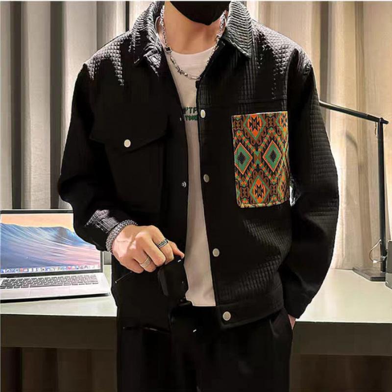 

Spring and Autumn Waffle Jacket Men s Pocket Tops Jacket 4XL чорний