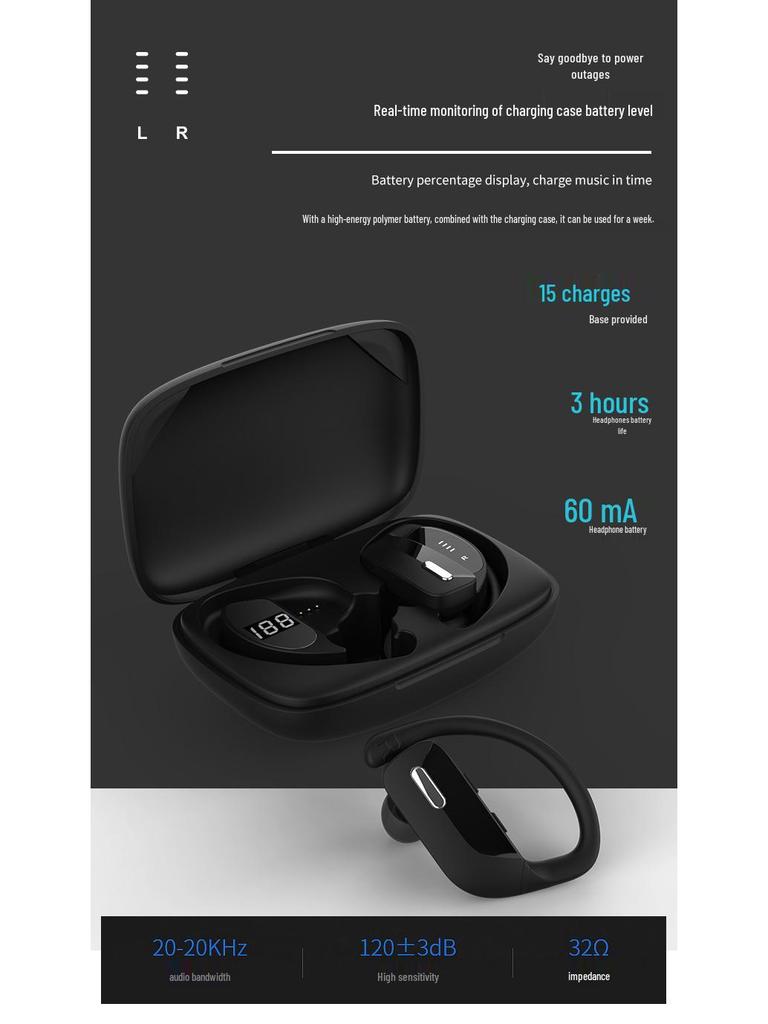 T17 Wireless Bluetooth Sports Ear-hook Headset, Waterproof, TWS, Bluetooth 5.3.