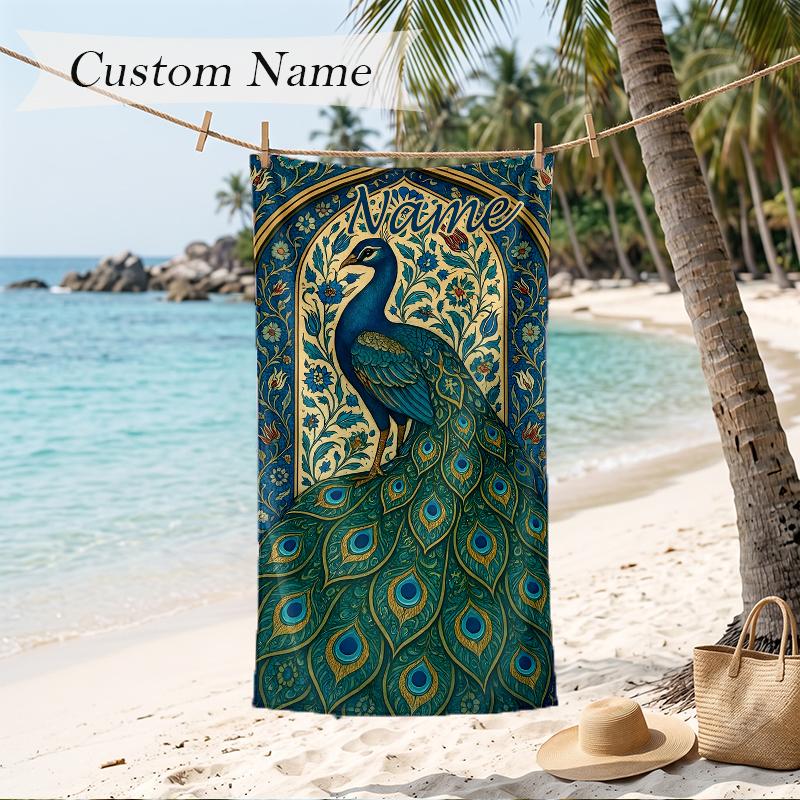 Retro Peacock Custom Name Printed Beach Towel Personalized Soft Towel For Swimming Beach Travel