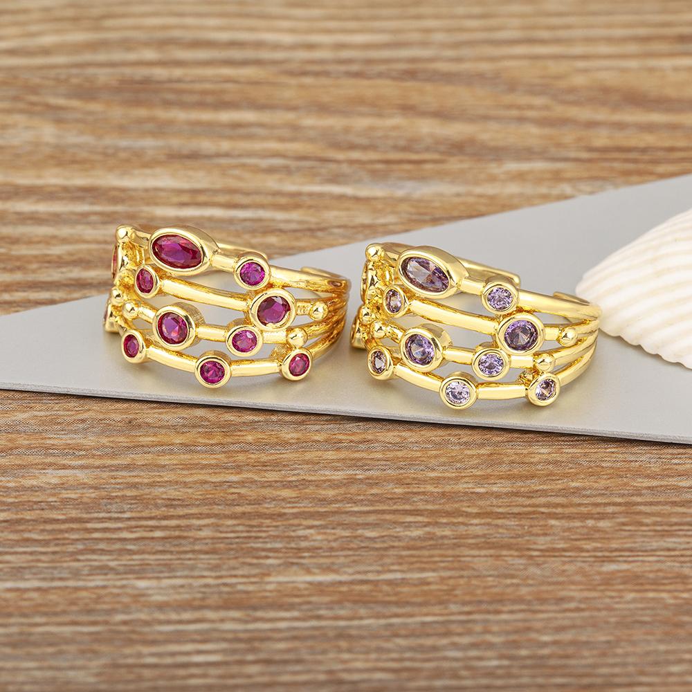 Nidin Four Layers Exquisite Simple Design Zircon Rose Red/Purple Color Open Rings Adjustable For Woman Wedding Party Luxury Gift