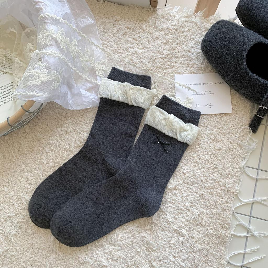 Flower Socks Women'S Autumn Sweet Double Bow Medium Tube Socks Color Matching Lace Stacking Socks