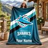 Cronulla Sharks Custom Name Flannel Blanket Personalized Soft Warm Plush Throw Blanket Customized Gift for Family Friends