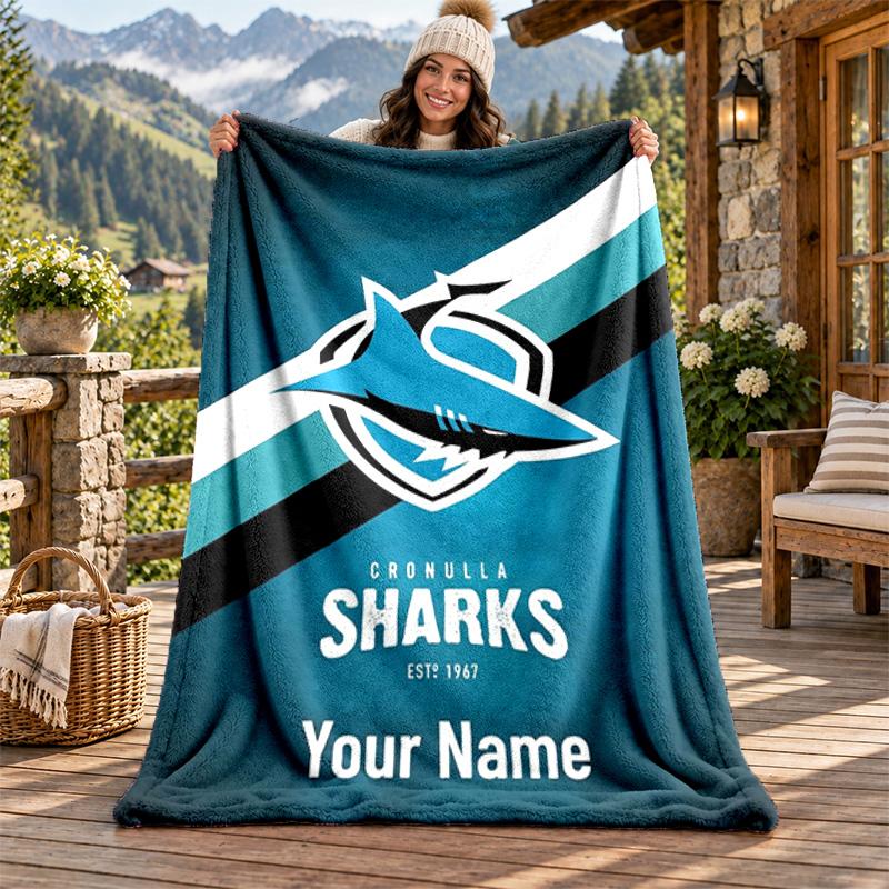 Cronulla Sharks Custom Name Flannel Blanket Personalized Soft Warm Plush Throw Blanket Customized Gift for Family Friends