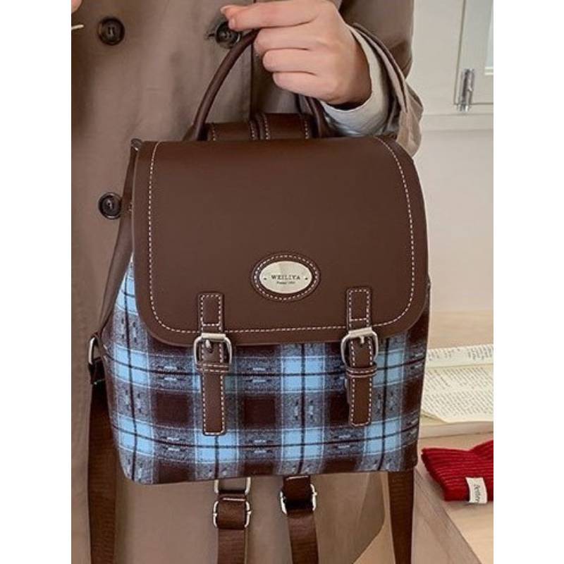 Plaid Backpack For Women Men Pu Material With Spacious Storage For Daily Use
