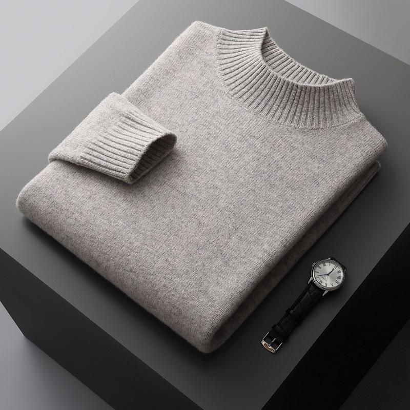 100% Pure Wool Men's Thick Half-High Collar Sweater, Business Fashion Knit Plus Size Sweater.