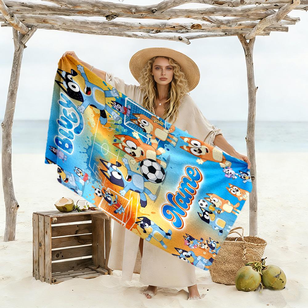 Bluey Soccer Fun Customized Name Beach Towel High Absorbency & Quick-Dry Portable for SwimmingBeachCamping Travel Beach AccessoriesGym