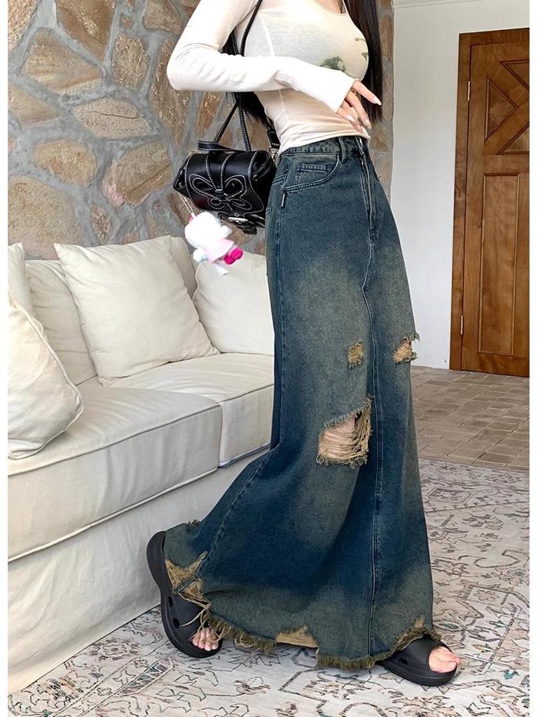 American Retro Plus Size Ripped Denim Midi Skirt for Women - High Waist, Slimming, Niche Design