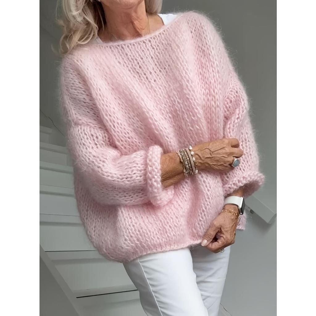 Damski sweter oversize z okrągłym dekoltem i długim rękawem, gładki, puszysty, dzianinowy top