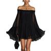 Xia's New Black One-word Shoulder Halter Pleated Lantern Sleeve Mini Fashion Dress