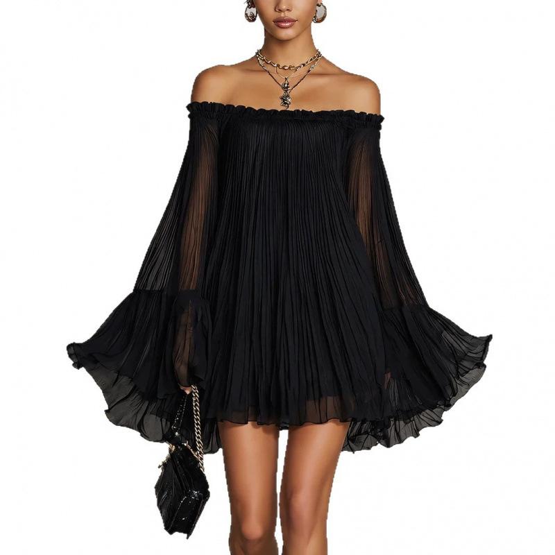Xia's New Black One-word Shoulder Halter Pleated Lantern Sleeve Mini Fashion Dress