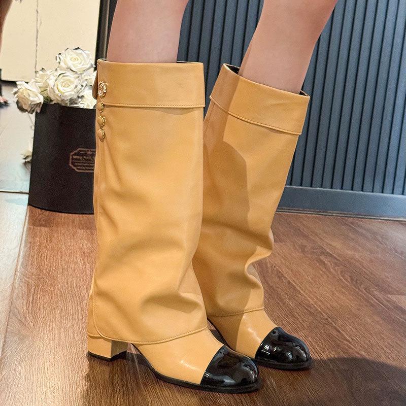 

Sheepskin version~ Camellia leather thick heel knight boots long boots women s small fragrant style high heel trousers long boots high boots 40