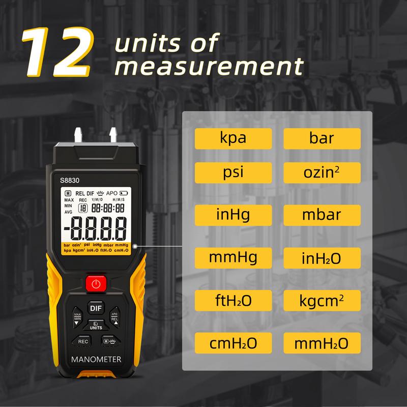 Manômetro Digital T9-S8830 ±36,8 kPa Testador de Pressão HVAC de Porta Dupla 12 Unidades Armazenamento de 99 Dados Luz de Fundo