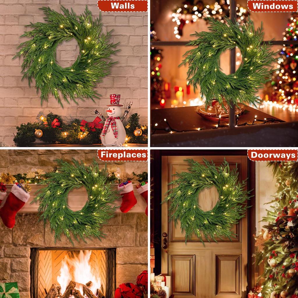 Pre-Lit Artificial Christmas Wreath,  Artificial Christmas Garland For Front Door With Red Bow, Cones, Red Berries,  LED Lights For Christmas Deco