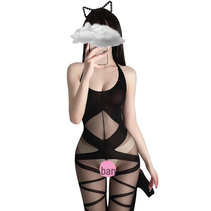 Manyan Sexy Lingerie: Sheer Black Cross-Pattern Halter Body Stockings with Open Crotch.