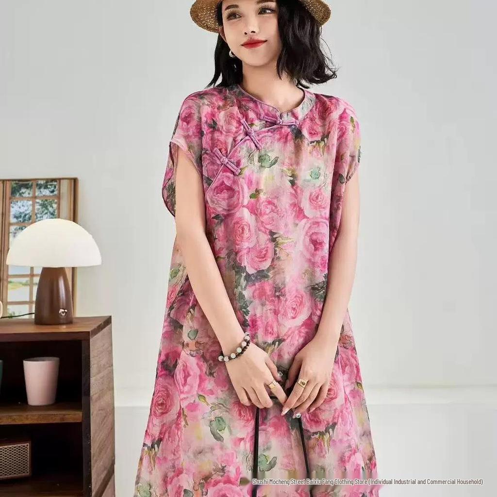 2026 Spring/Summer Women's Elegant Stand Collar Asymmetrical Lapel Shirt with Chinese Tang Dynasty Print