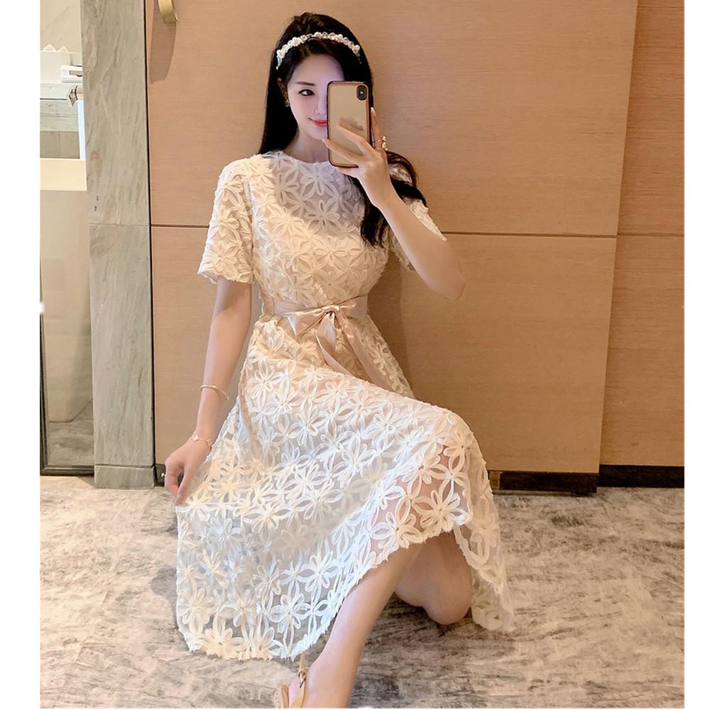 Elegant Mesh Embroidery Flower Summer Dress for Women 2024 New Casual Round Neck Lace-up Slim Short Dress Women Clothing