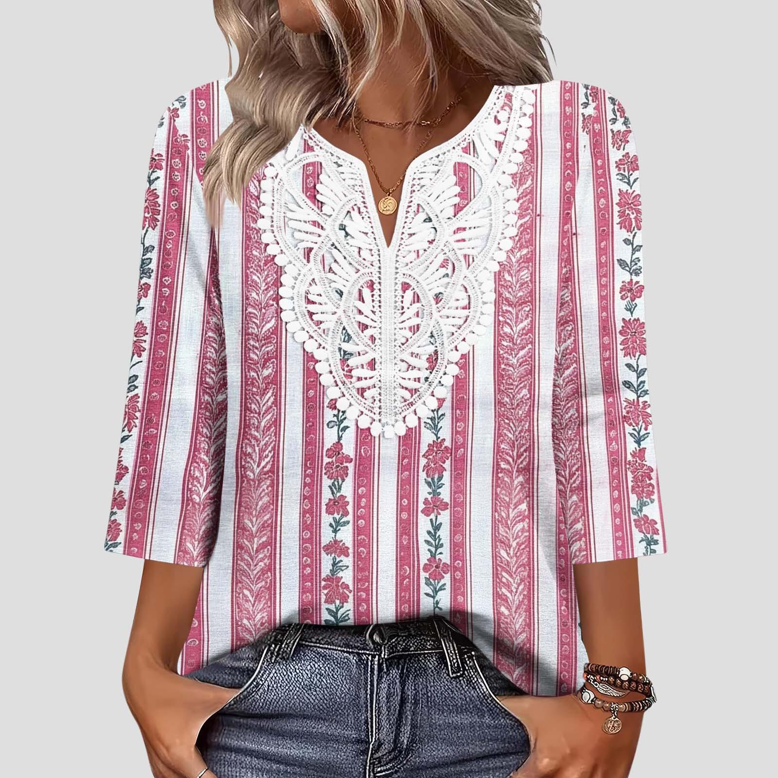

Women V Neck Lace Patchwork Printed Top Three Quarter Sleeve Casual Loose Fit Blouse for Everyday Wear M рожевий