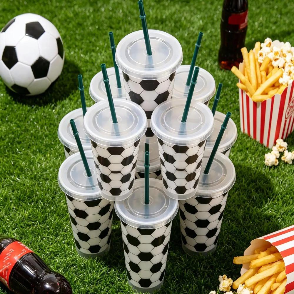 10PCS Reusable Football Drinking Cup 24OZ Water Cup Practical Soccer Pattern Straw Cups  Party