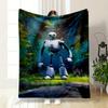 A Robot with Glowing Eyes Stands In a Vibrant Forest with a Small Companion. for All Seasons Blanket Lunch Break Throw Gift
