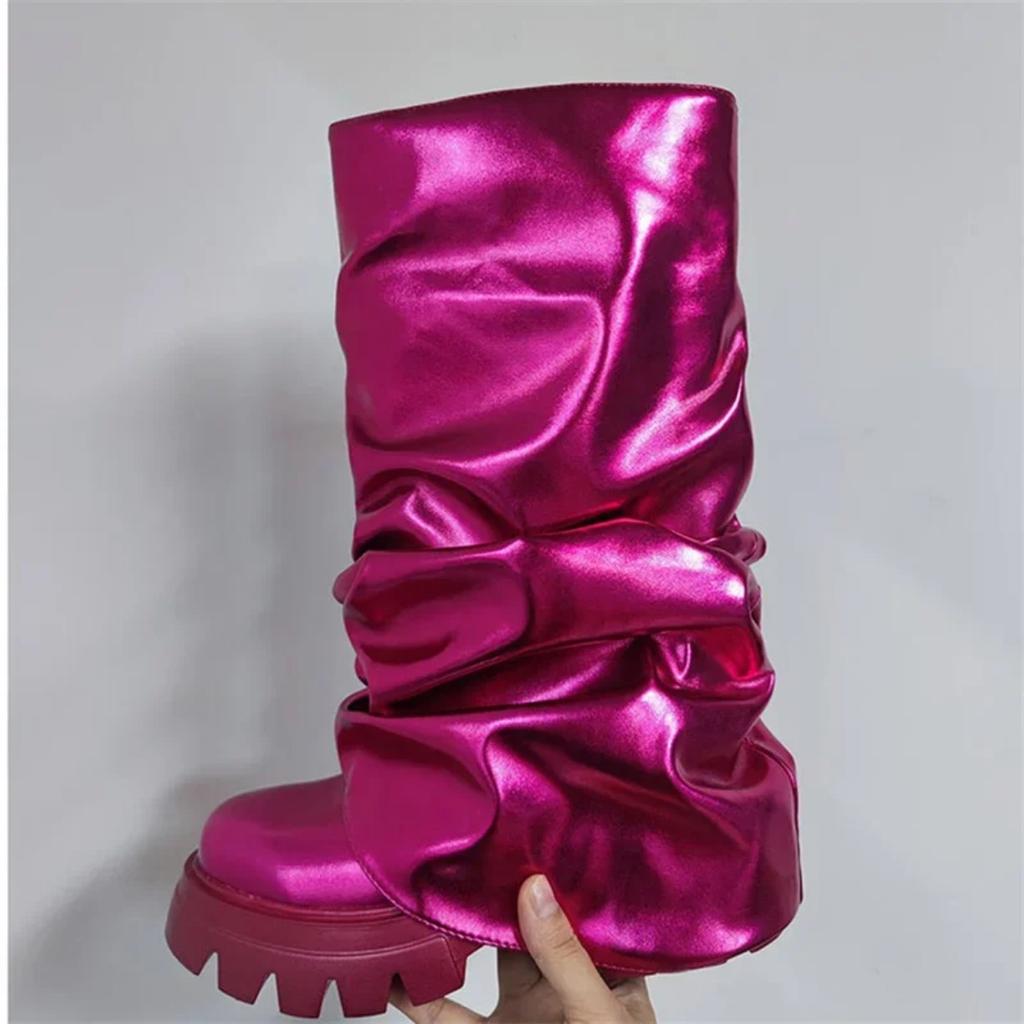 Women's Mid Calf Boots Thick Bottom Round Toe Runway Style Pleated Boots Women Platform Boots Gold Silver Large Size Shoes 2025
