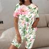 Women Plus Size Round Neck Short Sleeve Floral Printed White Longline Top And Fitted Shorts Set
