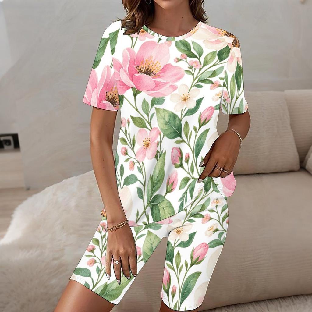 Women Plus Size Round Neck Short Sleeve Floral Printed White Longline Top And Fitted Shorts Set