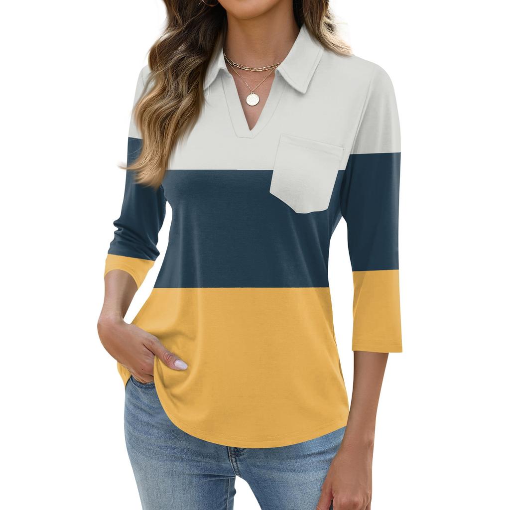 Damen Mode Lässig Revers Kurz 3/4 Ärmel Print Hemd Damen Oberteile