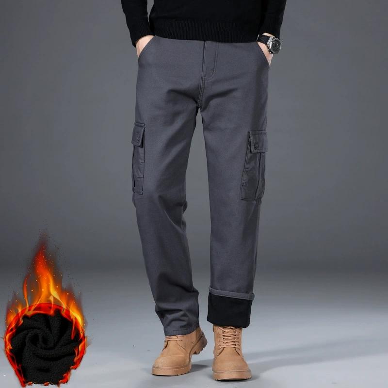 Høst Vinter Herre Tykk Fløyel Varm Arbeidsbukse Casual Bukser Løs Rett Ben Flerlommer Ren Bomull Slitesterk Arbeidsbukse