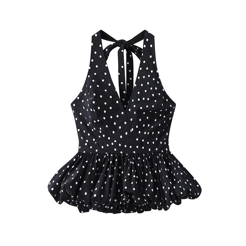 

2025 Spring Women s French Polka Dot Halter Tie Waist Backless Camisole Top Large