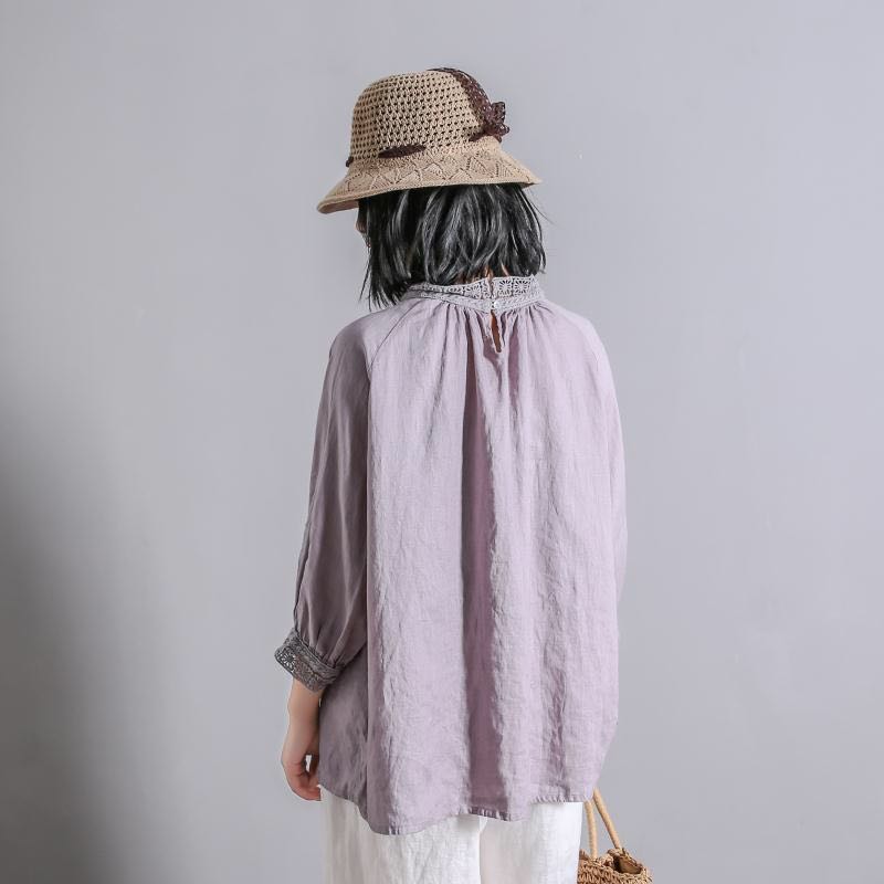 Johnature Summer Vintage Linen Patchwork Lace Loose Solid Color Women Shirts Simple Three Quarter Sleeve Tops