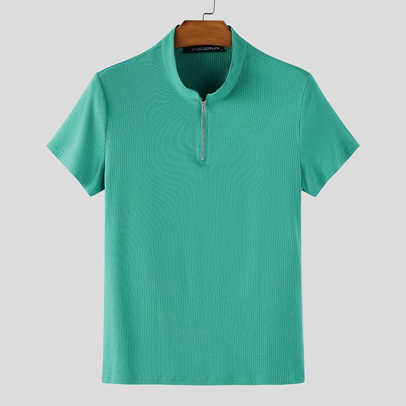 INCERUN Men Mockneck Short Sleeve Zip-up Rib Casual Fitted T-shirts Tops