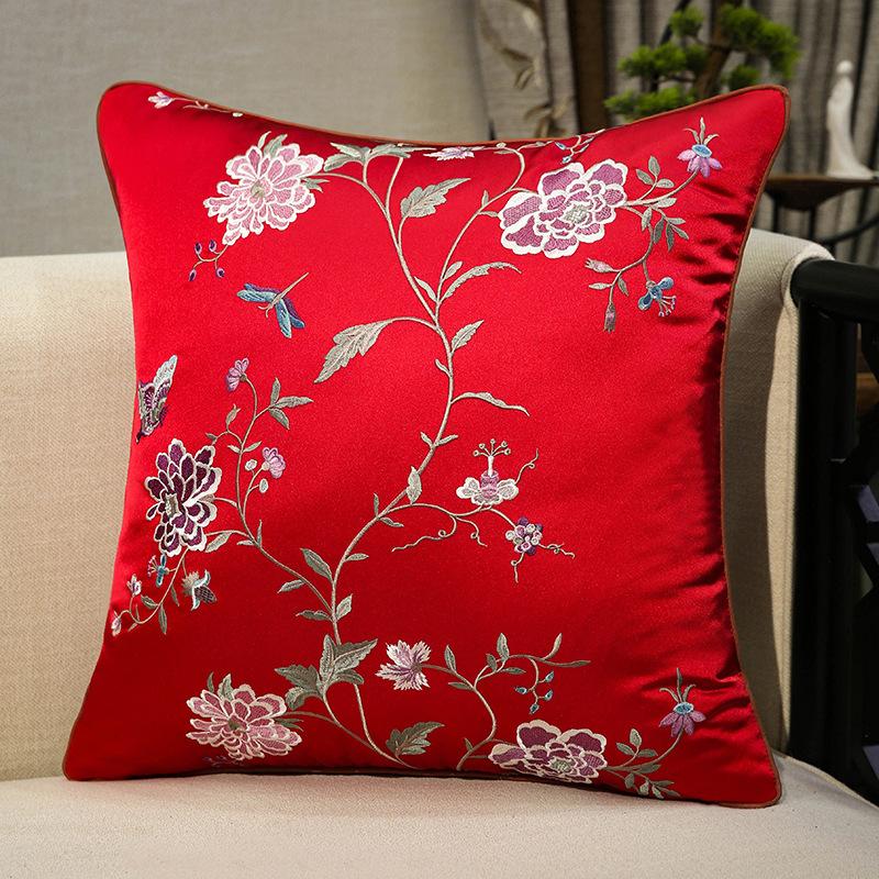 Chinese-style Embroidery Throw Pillow Redwood Sofa Cushion Cover Headboard Flowers Solid Wood Chair Lumbar Support Cushion Cover