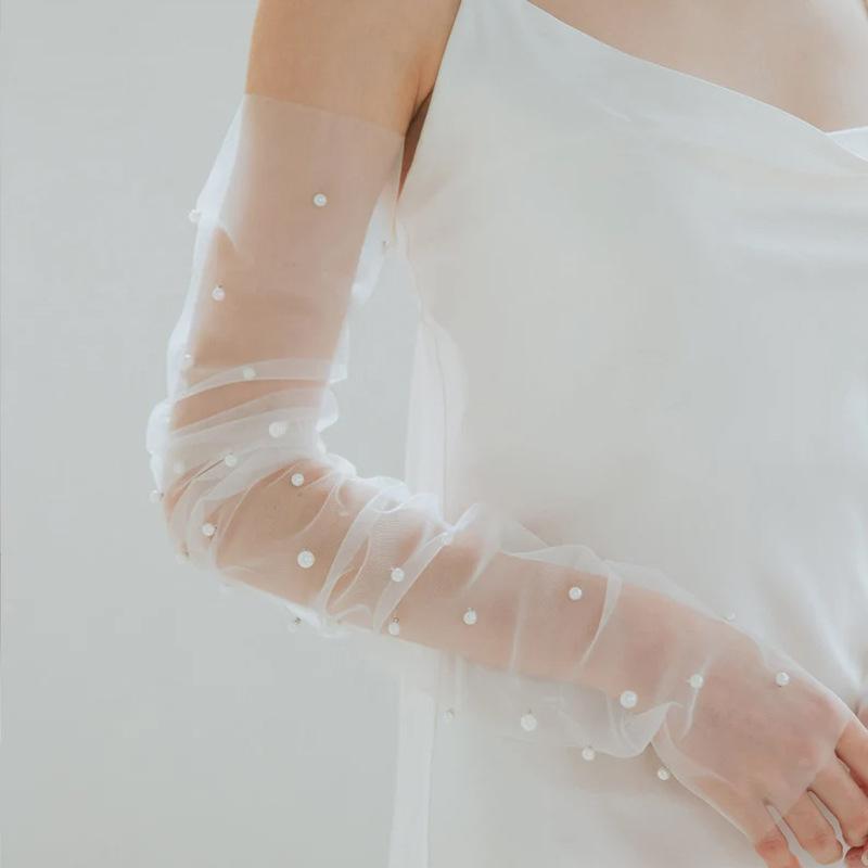 Elegant Mesh Pearl Long Fingerless Tulle Gloves Brides Thin Transparent Detachable Arm Sleeves Wedding Dress Decorative Accessor