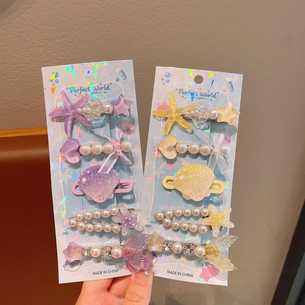 5Pcs Girls Cute Hair Clips Colorful Starfish Shell Pearl Design Duckbill Clip Children's Side Broken Hair Clips Mermaid Princess Hairpin Headdress