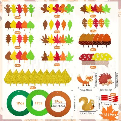 131pcs Thanksgiving Wreath DIY Craft Kit Autumn Fall Leaf Hedgehog Festival Art Supplies Thanksgiving Party Decor Gifts for Kids