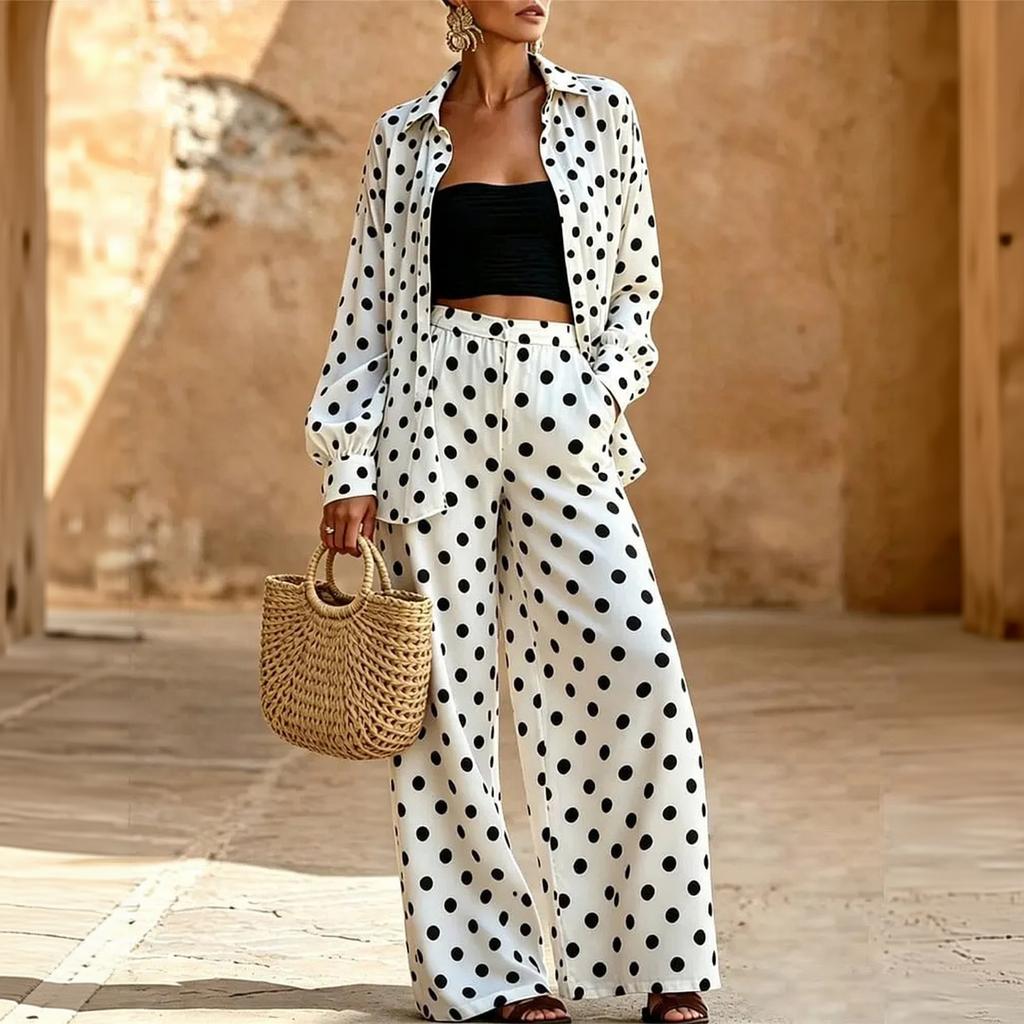 Damen Zweiteiler mit Polka Dots Langarm Locker geschnittenes Hemd mit elastischem Bund Weite Hosen Set